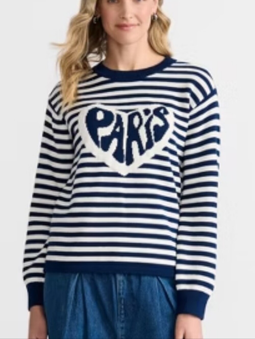 Lands' End Paris Striped Crewneck Drifter Sweater French Nautical Coastal Blue M